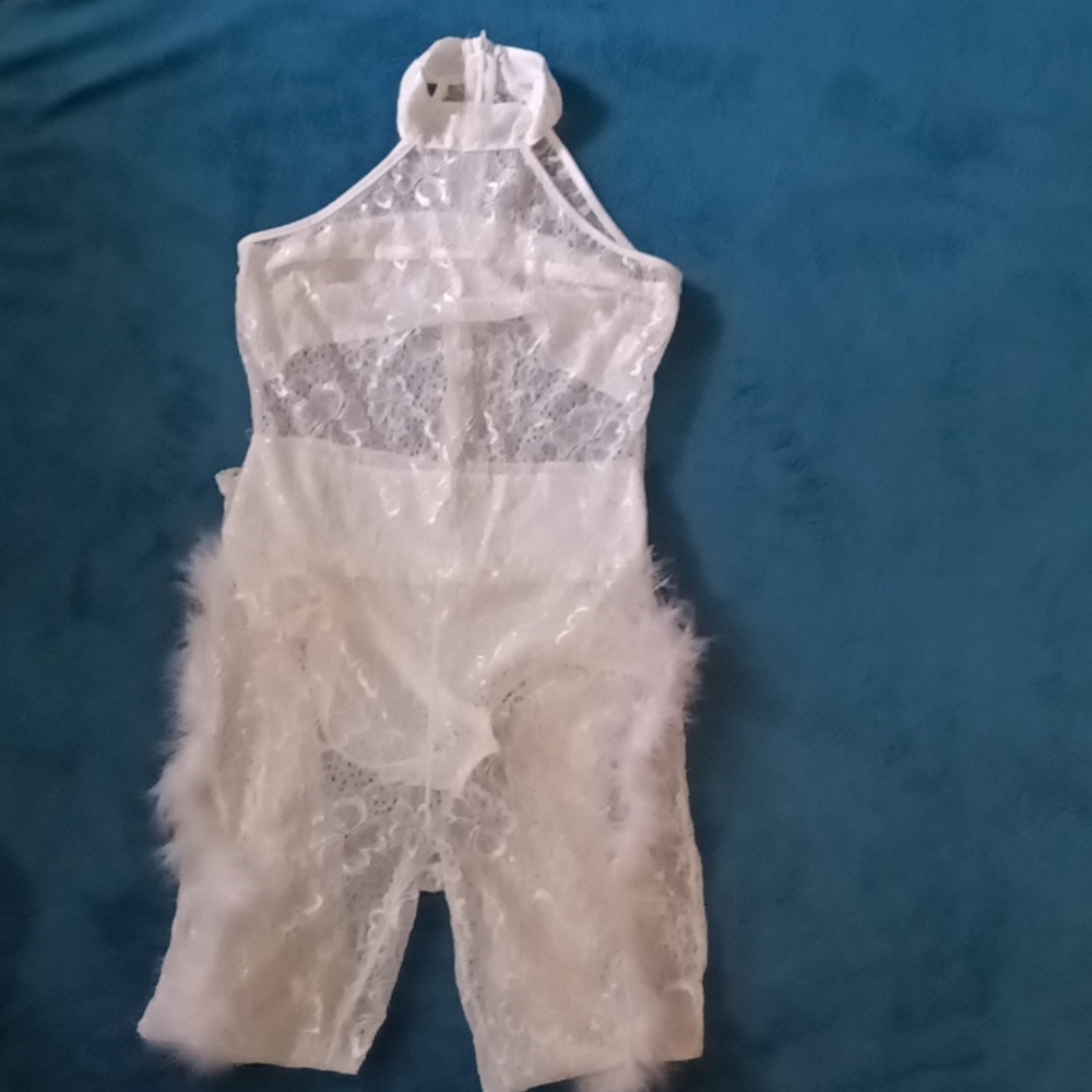 White mesh romper with fur